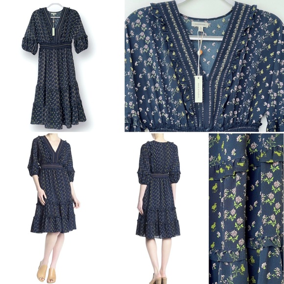 Max Studio Dresses & Skirts - Max Studio Crepe Empire Waist Dress 3/4 Tiered Bubble Sleeves V-Neck Layered